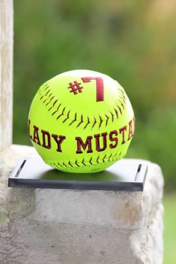 Embroidered softball for Player number 7 for the Lady Mustangs