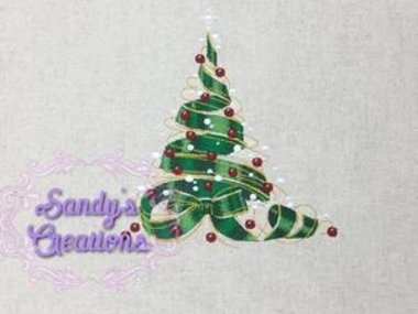 A tea towel embroidered with an exquisitely detailed Christmas details of gold ribbons circling the tree